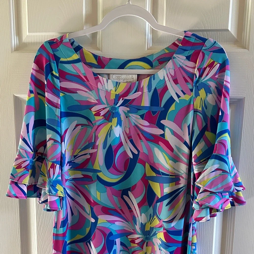 Pappagallo Vibrant Multicolor Dress with Ruffle Sleeves S